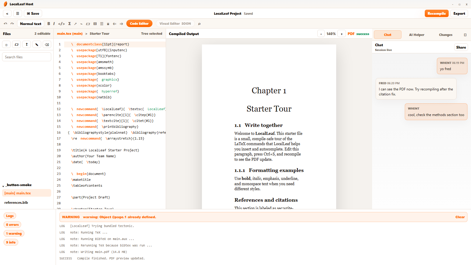 LocalLeaf editor with compiled PDF output and compile logs open