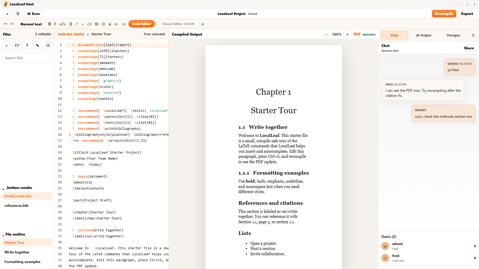LocalLeaf editor showing code, PDF preview, and human chat in the right rail