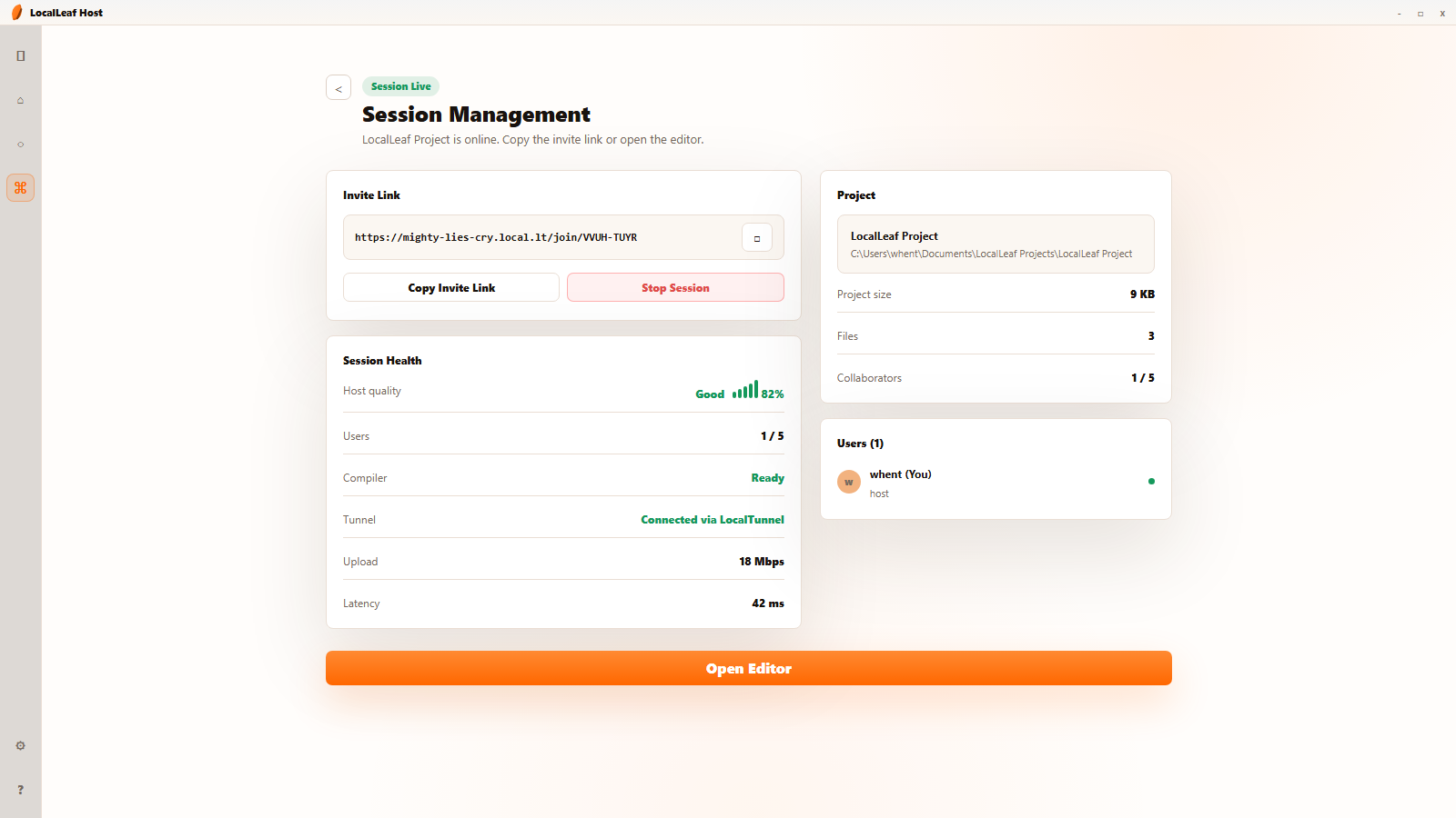 LocalLeaf session management screen with invite link, session health, project status, and users